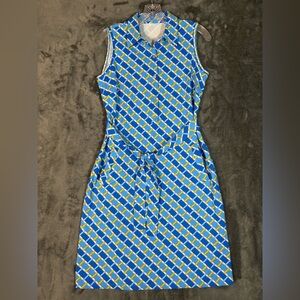J. McLaughlin Blue/White/Gold Sleeveless Collared Belted Midi Dress Size Medium